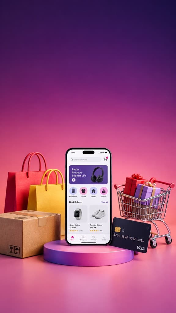 Mobile shopping app surrounded by bags, boxes, and a cart