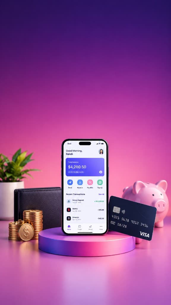 Mobile banking app with cards and coins on a studio surface
