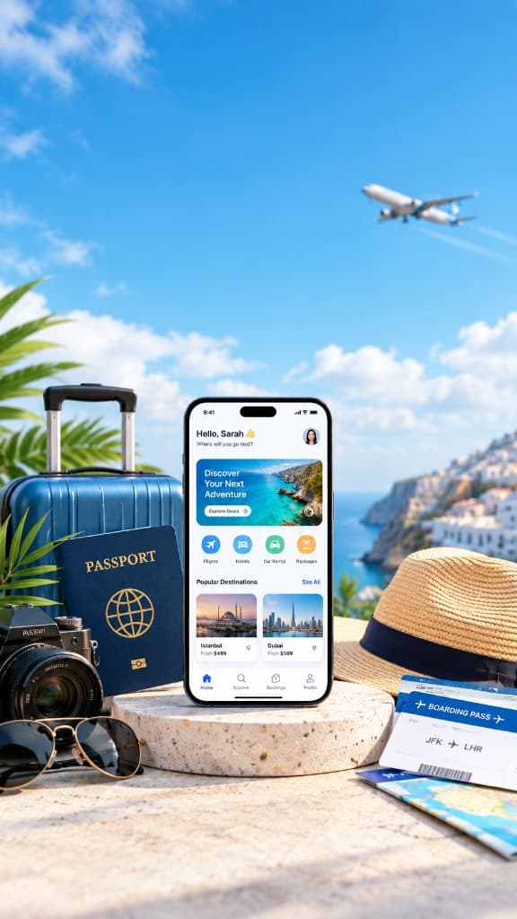 Travel booking app with passport, camera, and boarding passes