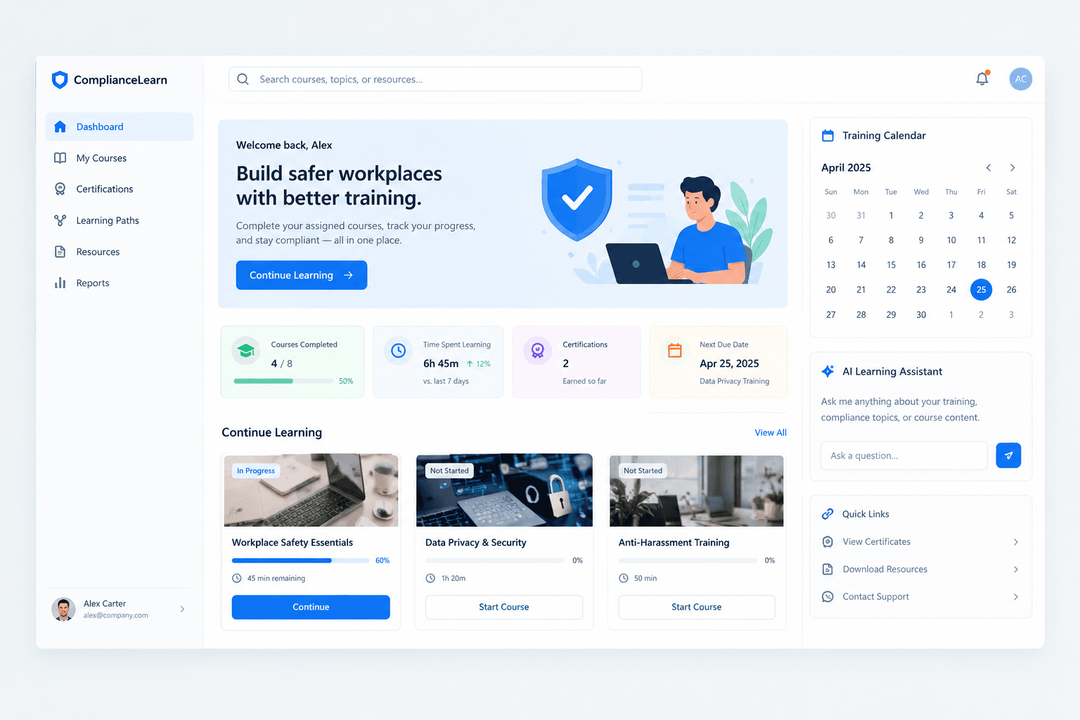 ComplianceLearn SaaS dashboard with courses, training calendar, and AI learning assistant