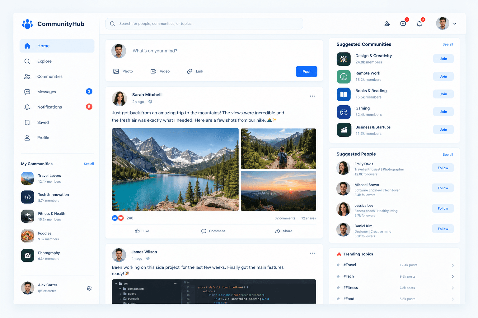 Community social network interface with feeds and member profiles