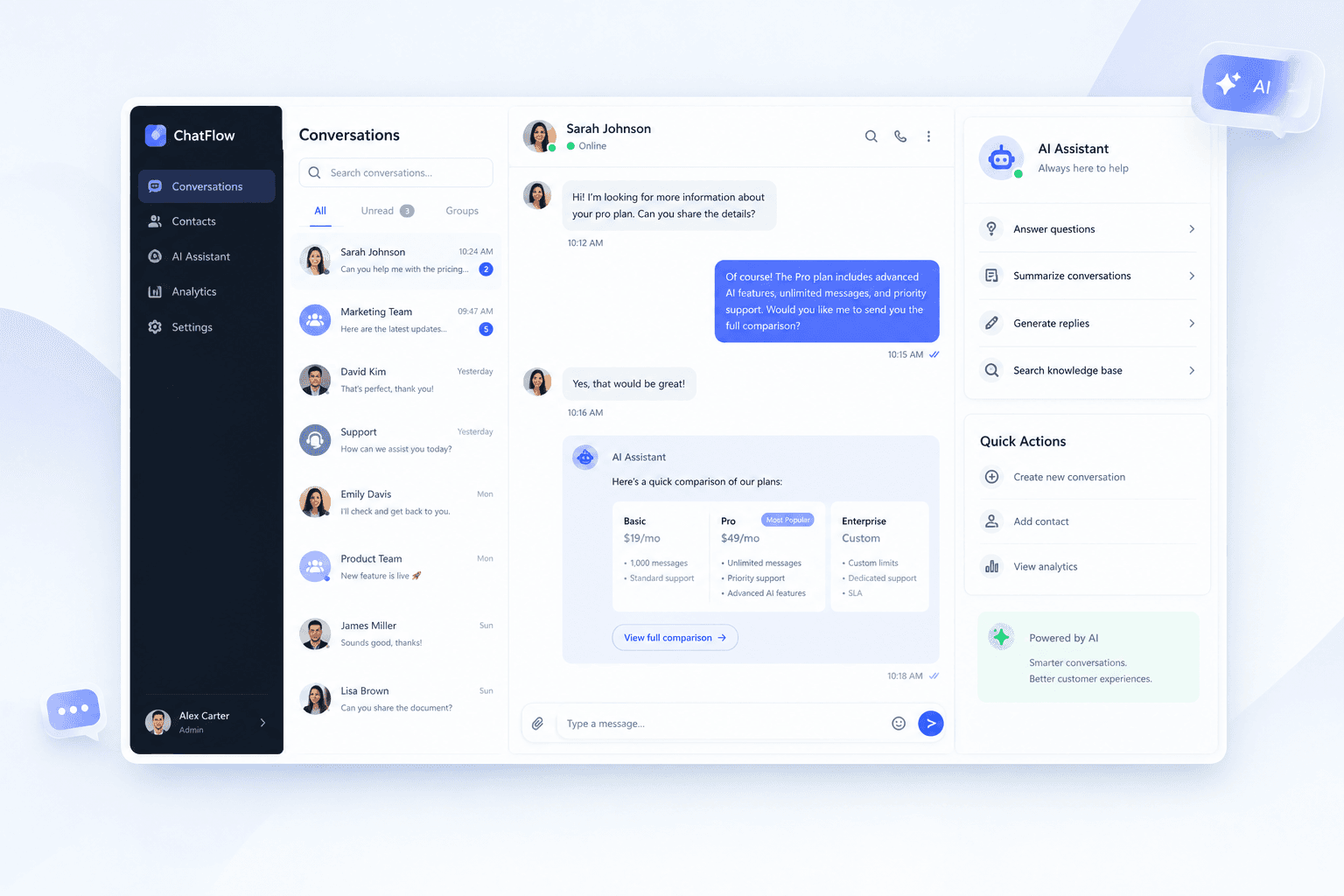 Conversational AI messaging platform interface with chat and assistant features