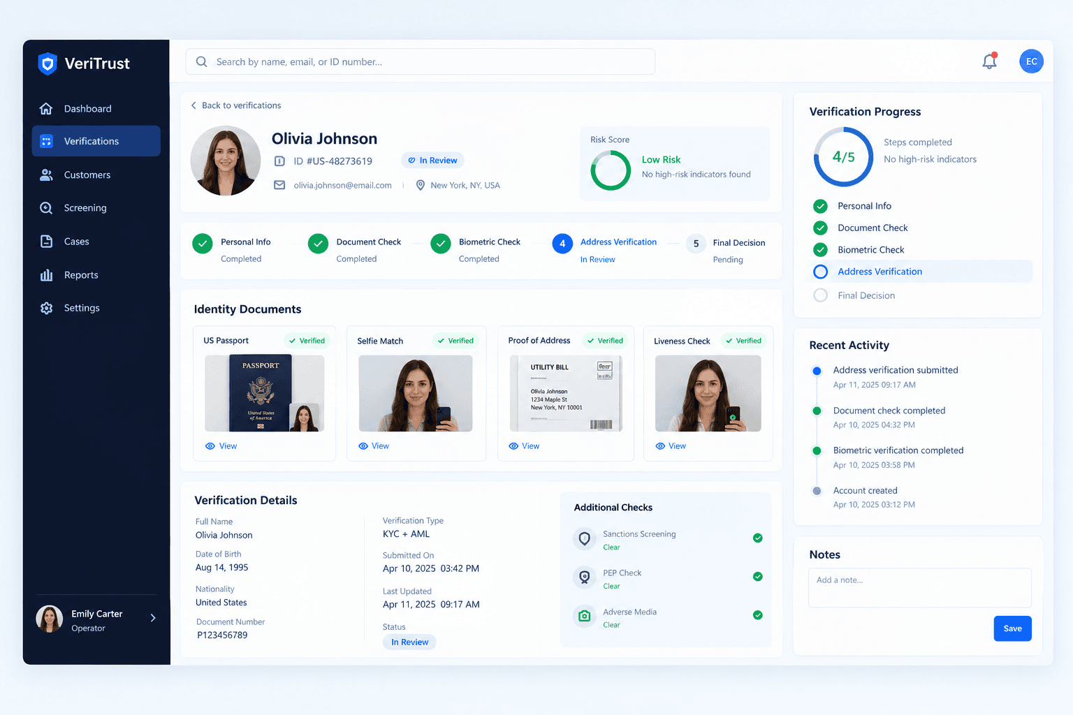 Identity verification platform dashboard for KYC and document checks