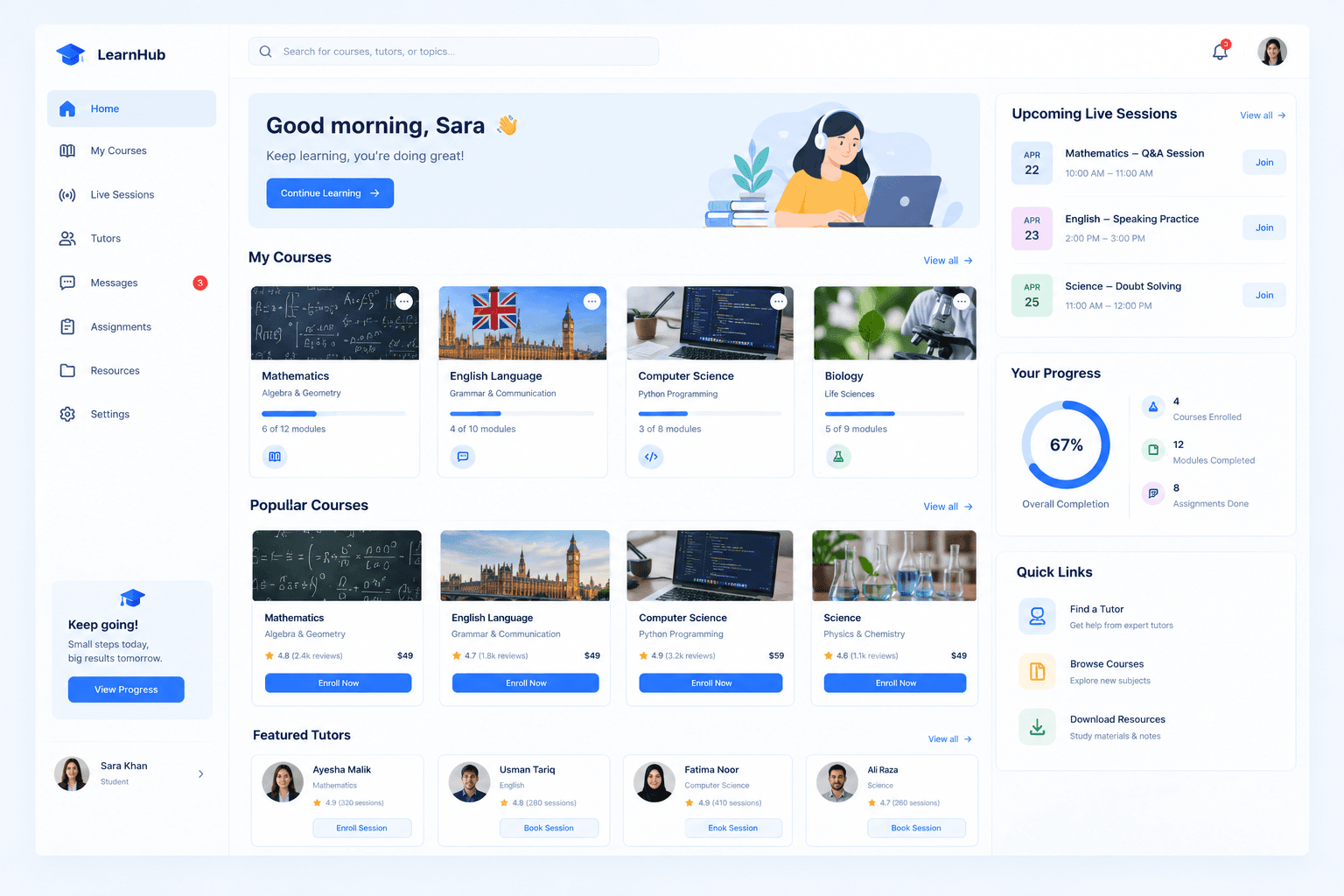 Learning platform interface for courses and tutoring workflows