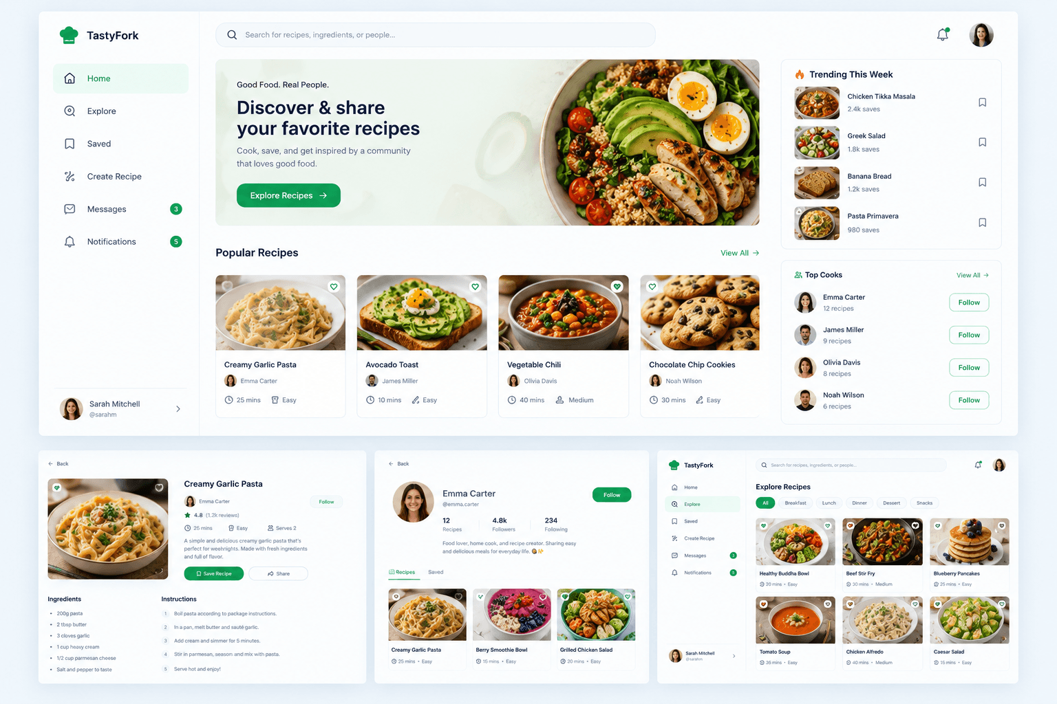 Social recipe app interface for discovering and sharing recipes