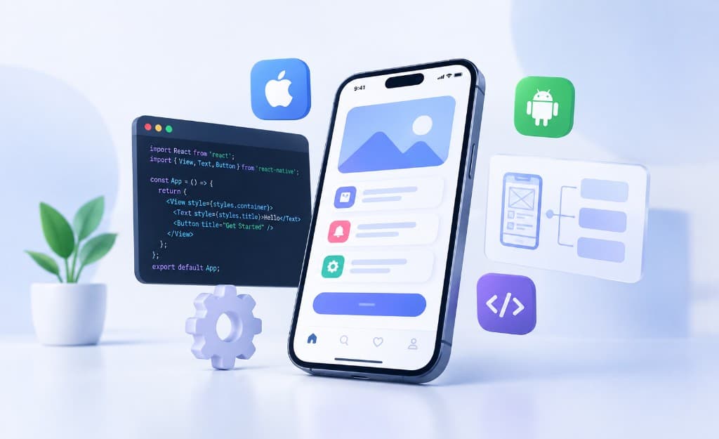 Mobile app development scene with phone, code, and platform icons