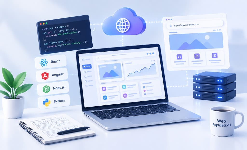 Web application development workspace with laptop and tech stack