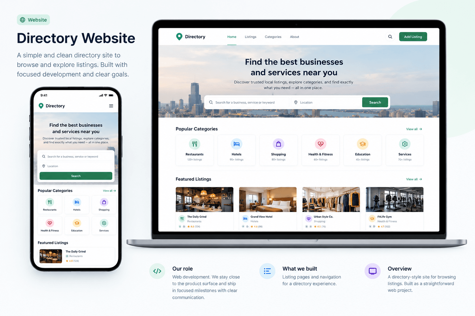 Directory website with listing cards and browse navigation