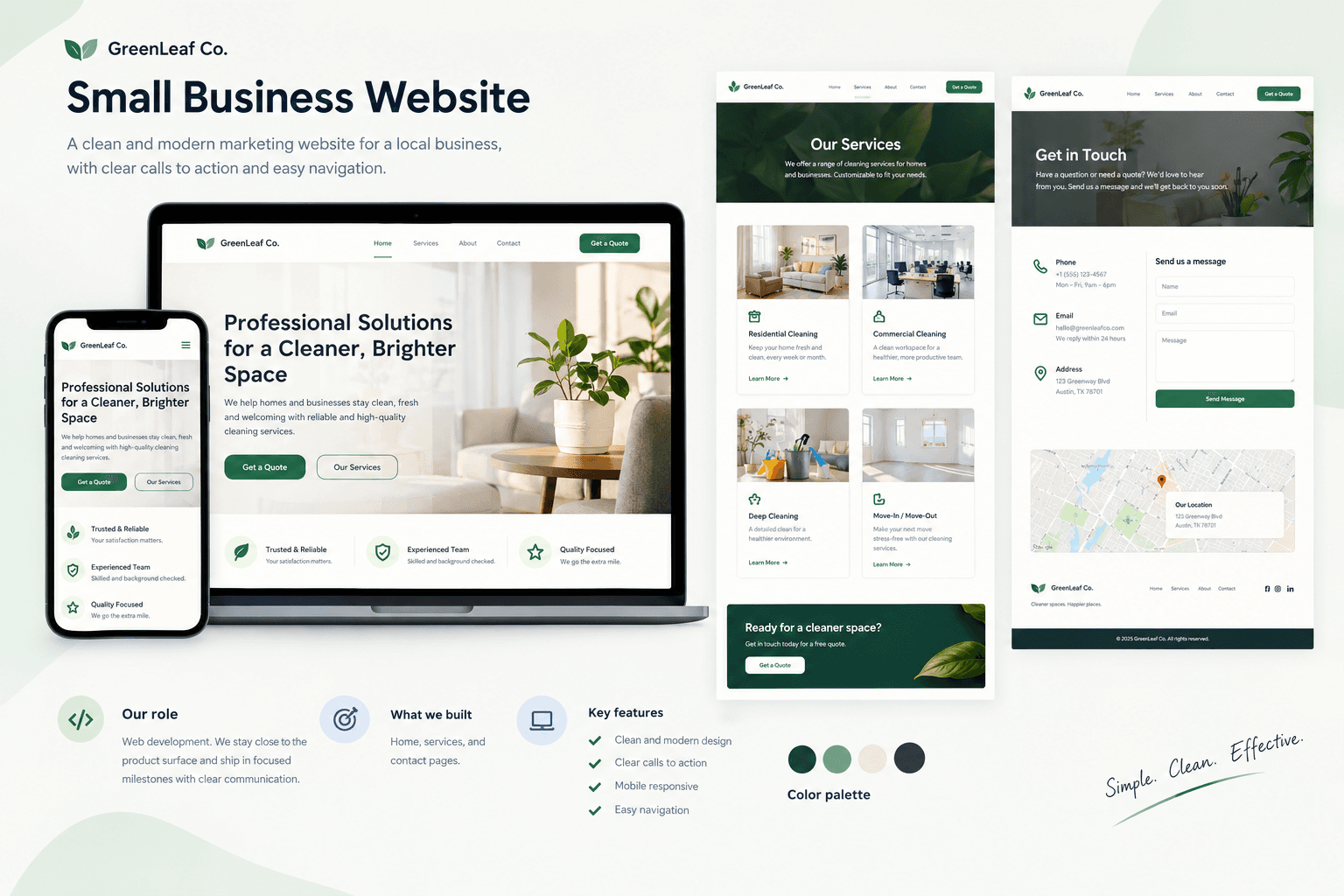 Small business website homepage with services and contact CTA