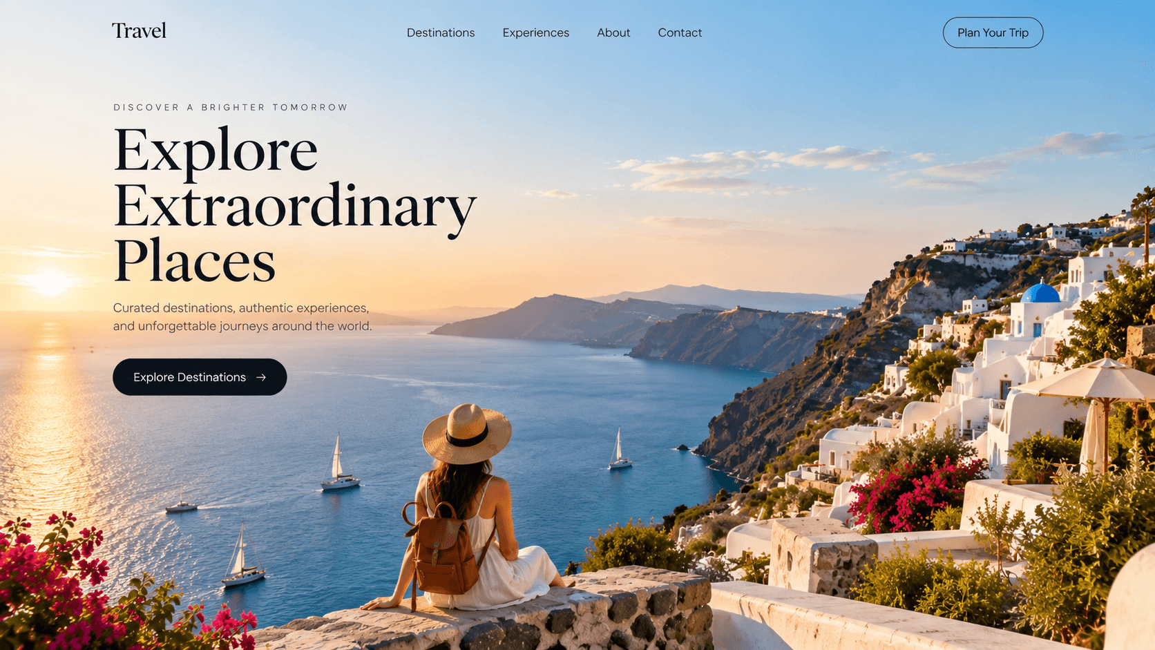 Travel website marketing homepage with destinations and booking CTA